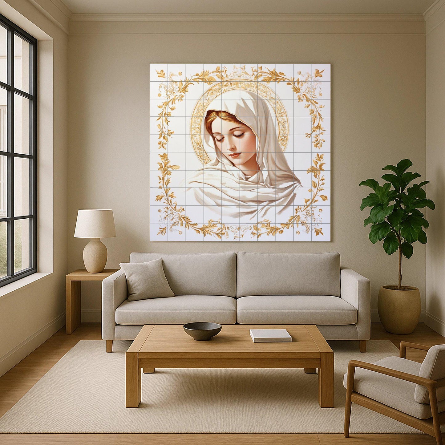 Ceramic wall mural of the Virgin Mary with a golden halo and floral ornaments, sacred religious tile art, handmade Christian spiritual decoration