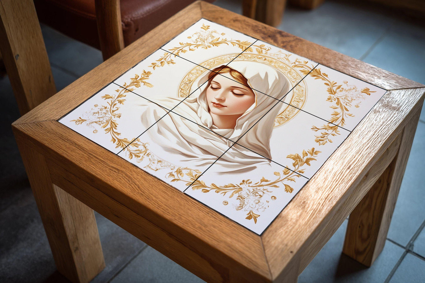 Ceramic wall mural of the Virgin Mary with a golden halo and floral ornaments, sacred religious tile art, handmade Christian spiritual decoration