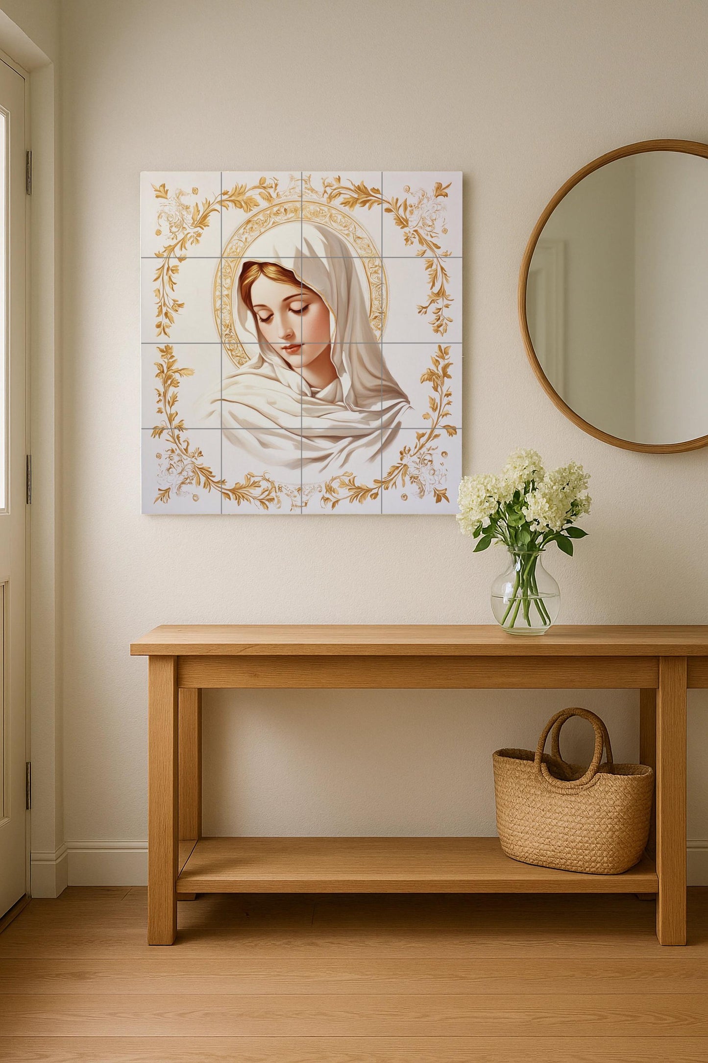 Ceramic wall mural of the Virgin Mary with a golden halo and floral ornaments, sacred religious tile art, handmade Christian spiritual decoration