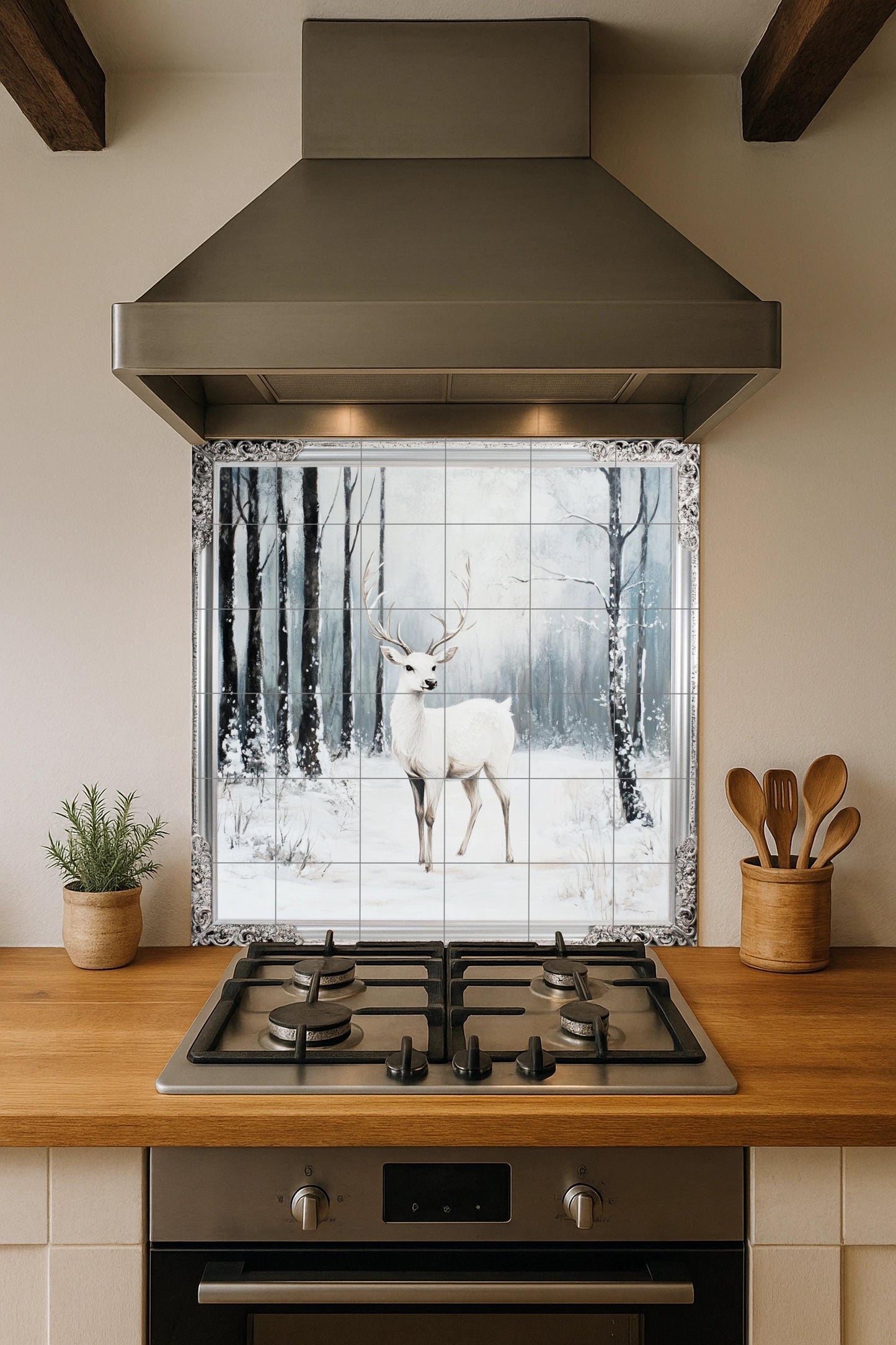 White deer ceramic wall mural with snowy forest scene and ornate silver border, winter wildlife tile art, handmade forest decor