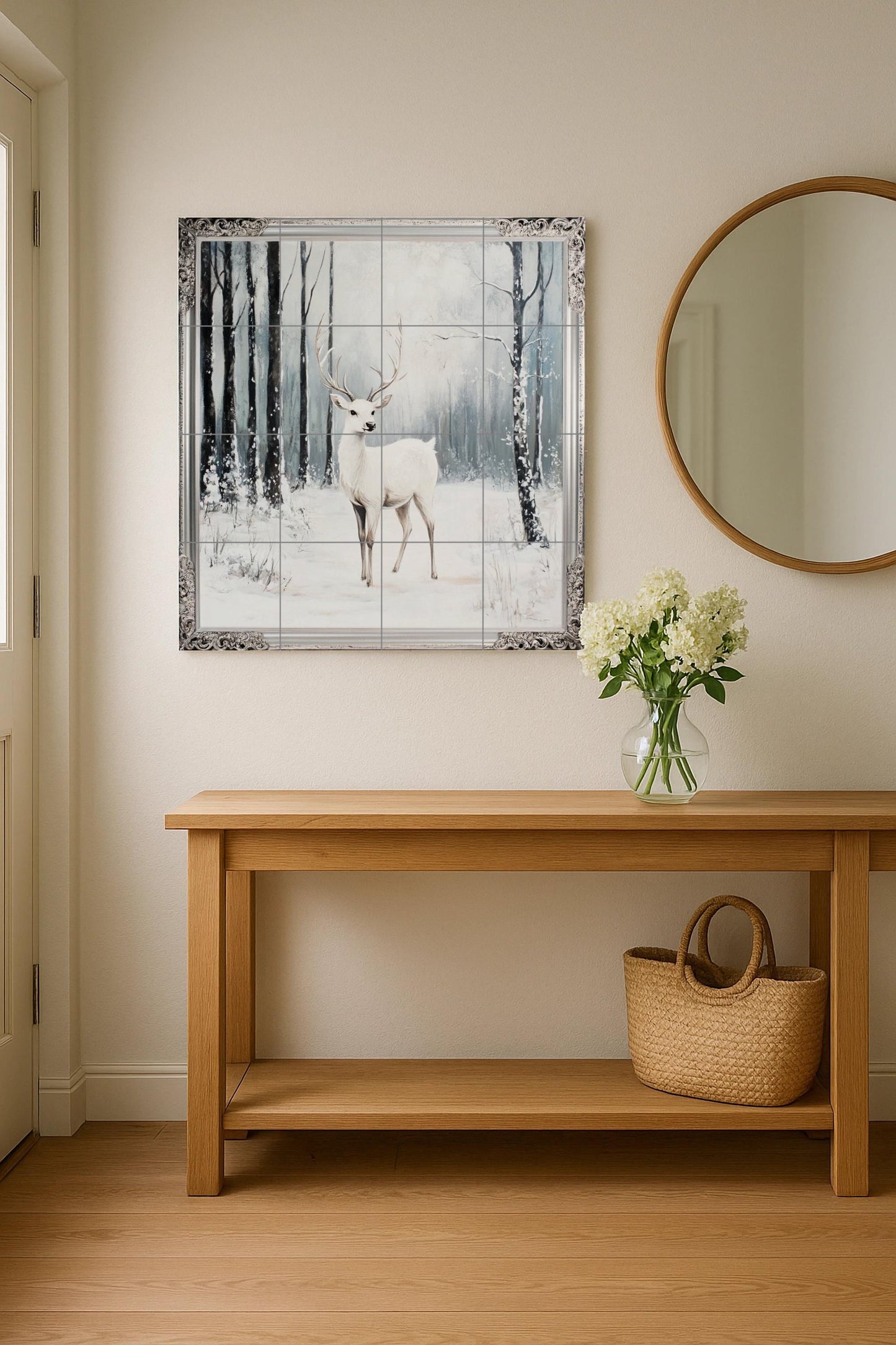 White deer ceramic wall mural with snowy forest scene and ornate silver border, winter wildlife tile art, handmade forest decor