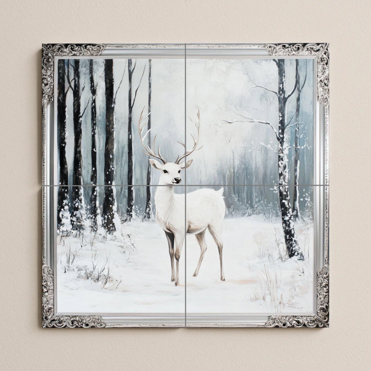 White deer ceramic wall mural with snowy forest scene and ornate silver border, winter wildlife tile art, handmade forest decor