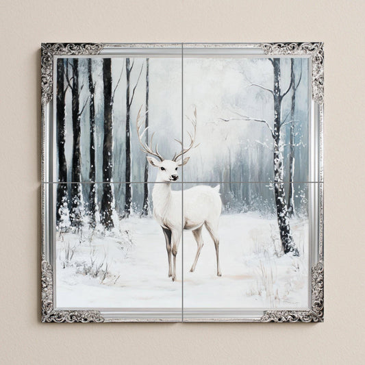 White deer ceramic wall mural with snowy forest scene and ornate silver border, winter wildlife tile art, handmade forest decor