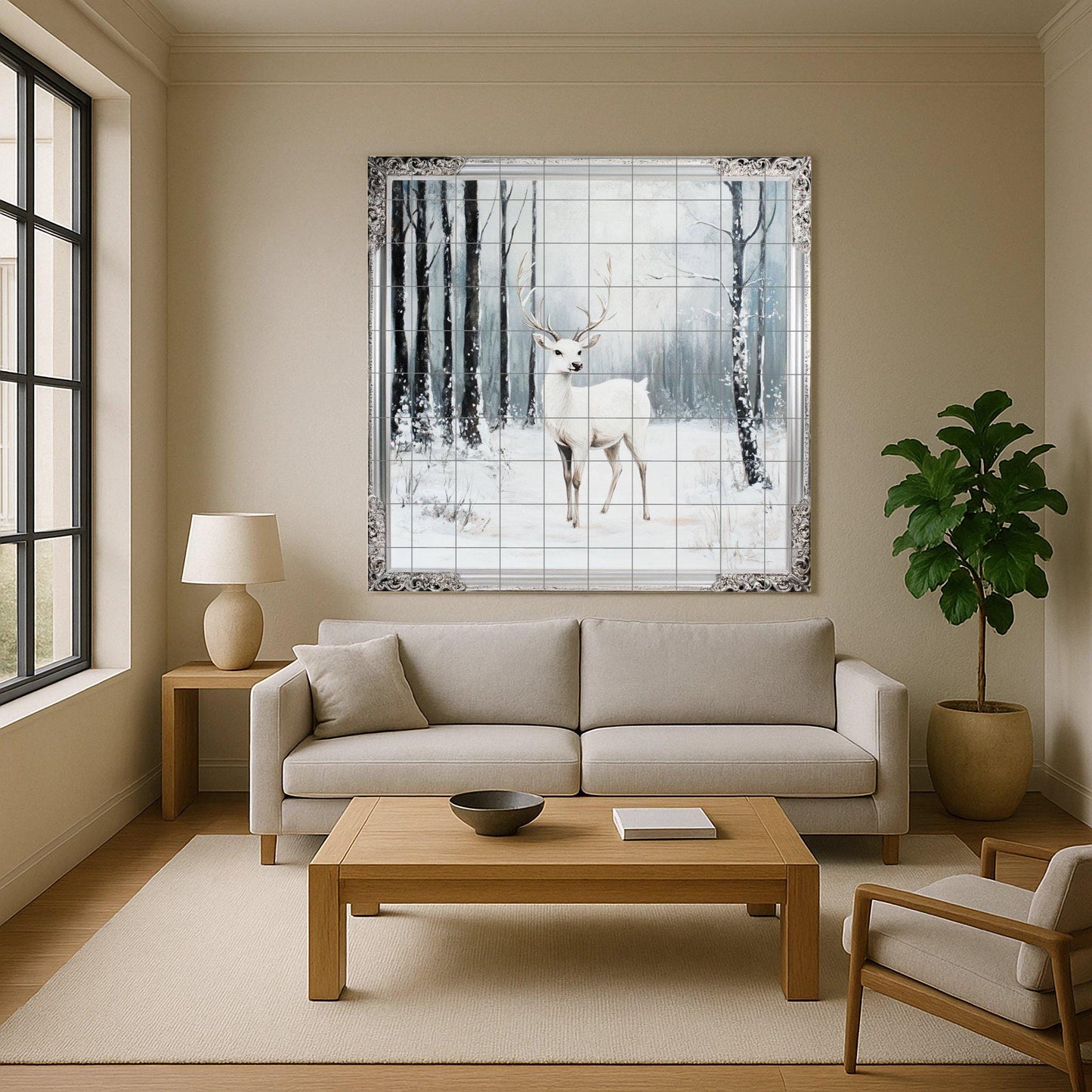 White deer ceramic wall mural with snowy forest scene and ornate silver border, winter wildlife tile art, handmade forest decor