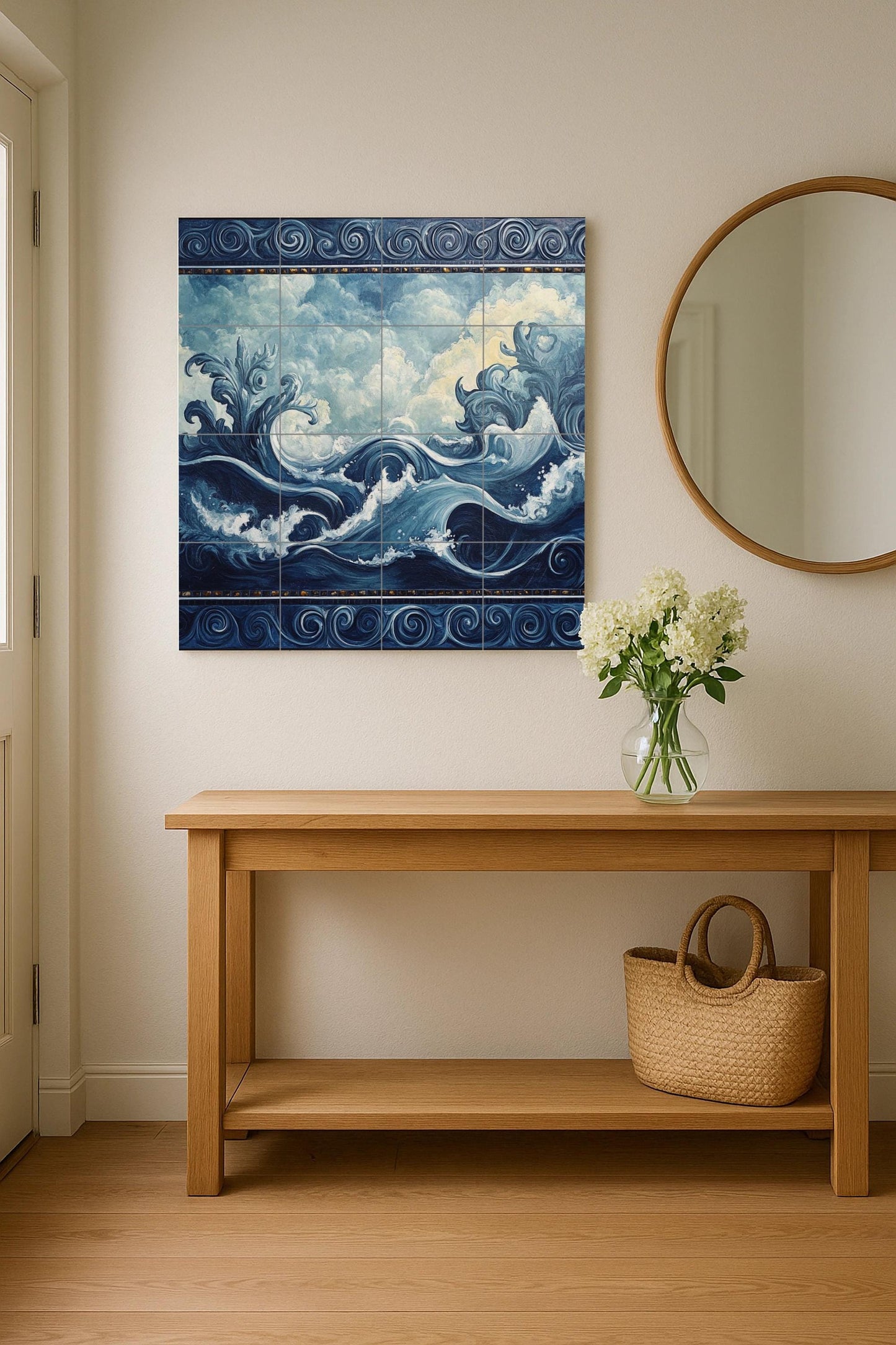 Ceramic wall mural with ocean waves and swirling clouds and sea design, nautical tile art with ornamental border, handmade coastal decor
