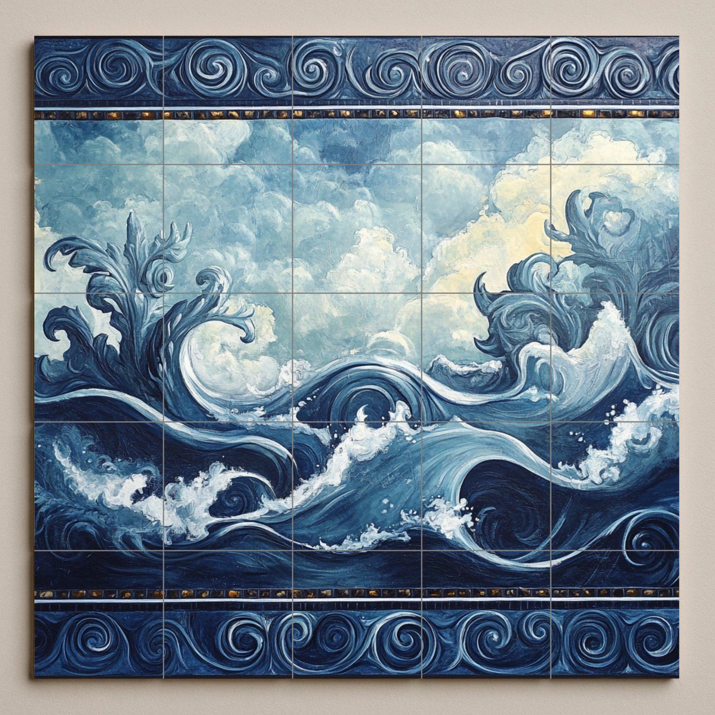 Ceramic wall mural with ocean waves and swirling clouds and sea design, nautical tile art with ornamental border, handmade coastal decor