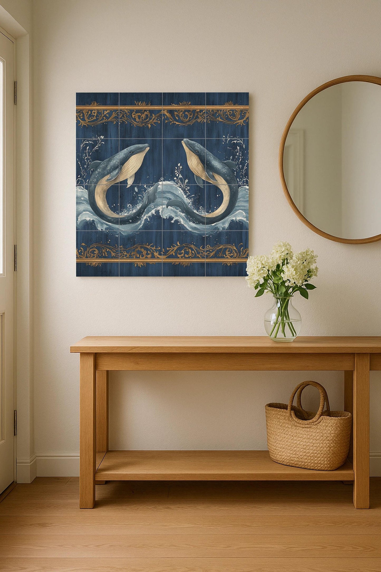 Blue whale ceramic wall mural with ocean waves and gold ornamental border, marine life tile art, handmade nautical coastal decor