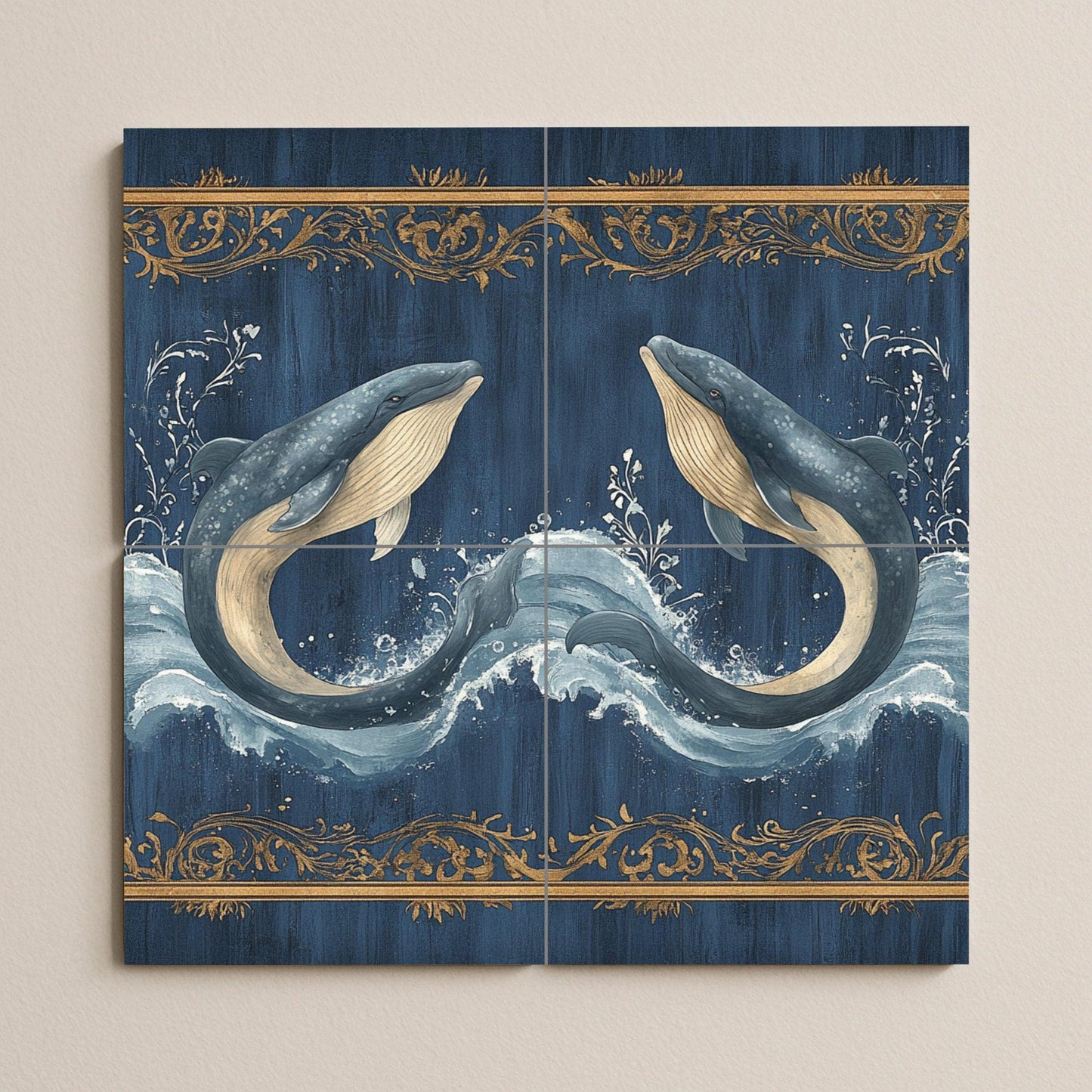 Blue whale ceramic wall mural with ocean waves and gold ornamental border, marine life tile art, handmade nautical coastal decor