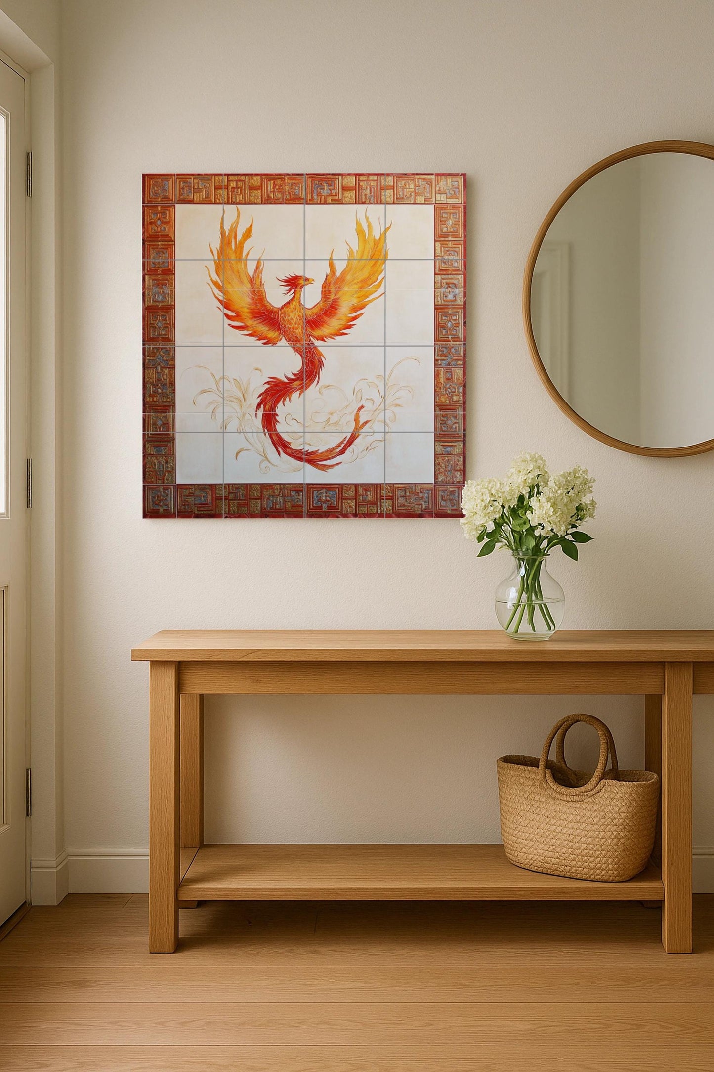 Ceramic wall mural of a phoenix with a fiery mythological bird and red ornamental border, legendary renaissance tile art, handmade cultural decoration