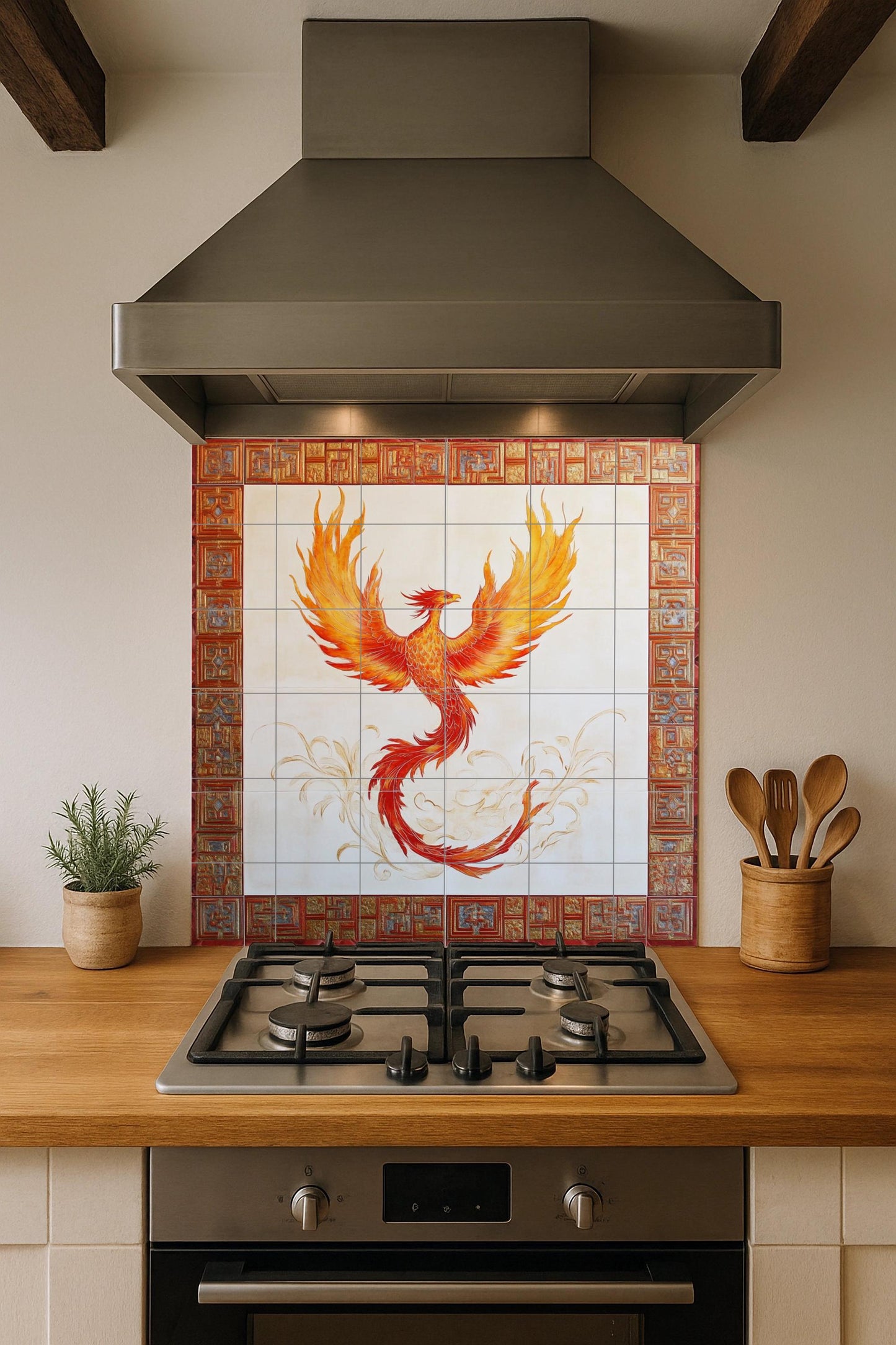 Ceramic wall mural of a phoenix with a fiery mythological bird and red ornamental border, legendary renaissance tile art, handmade cultural decoration