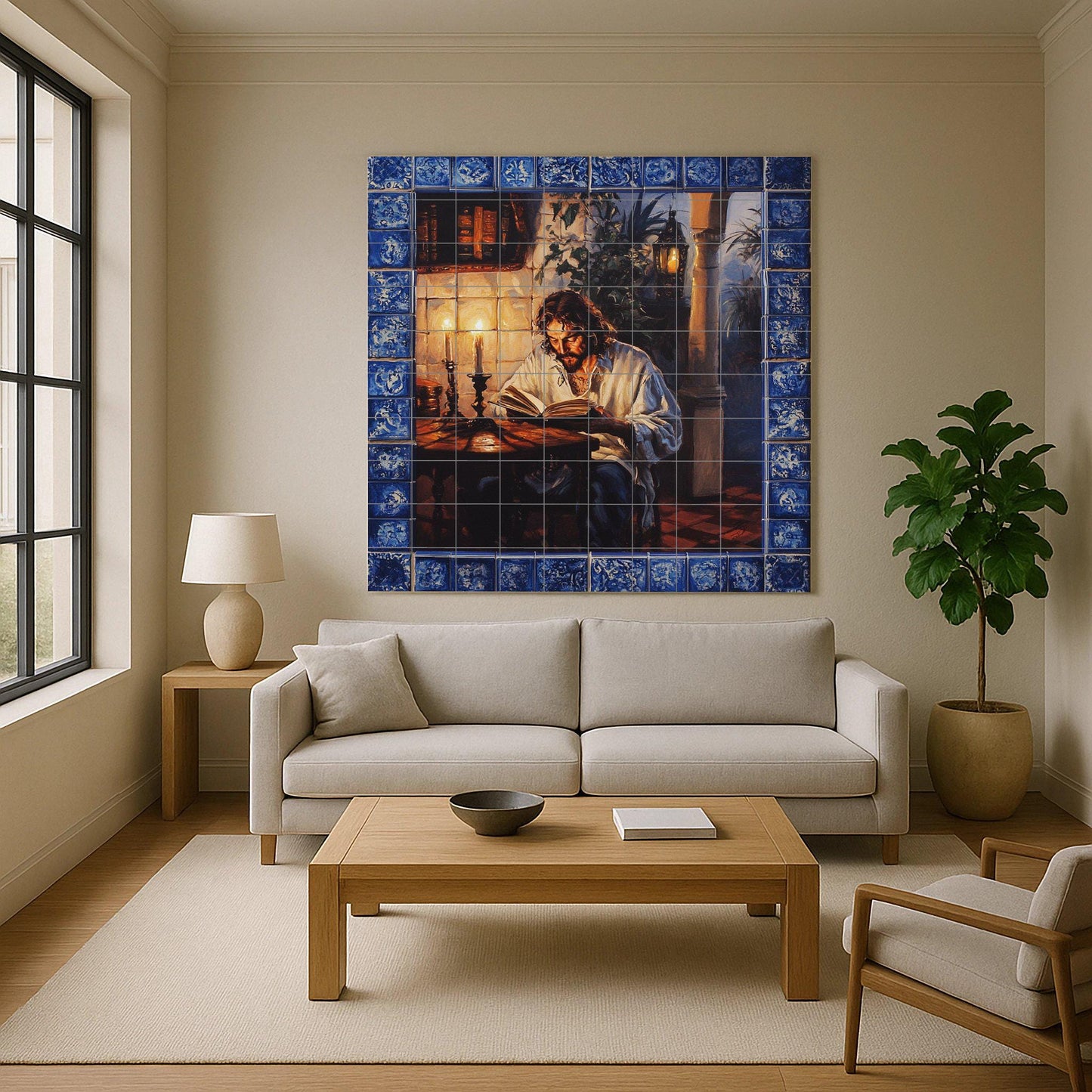 Classic ceramic wall mural featuring a man reading by candlelight, vintage art with a blue tile border, handmade historical literary home decor