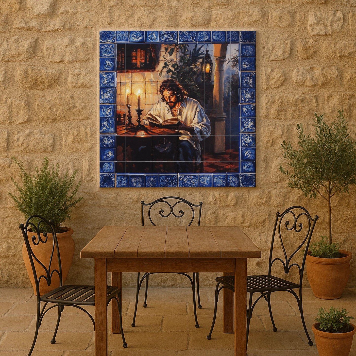 Classic ceramic wall mural featuring a man reading by candlelight, vintage art with a blue tile border, handmade historical literary home decor