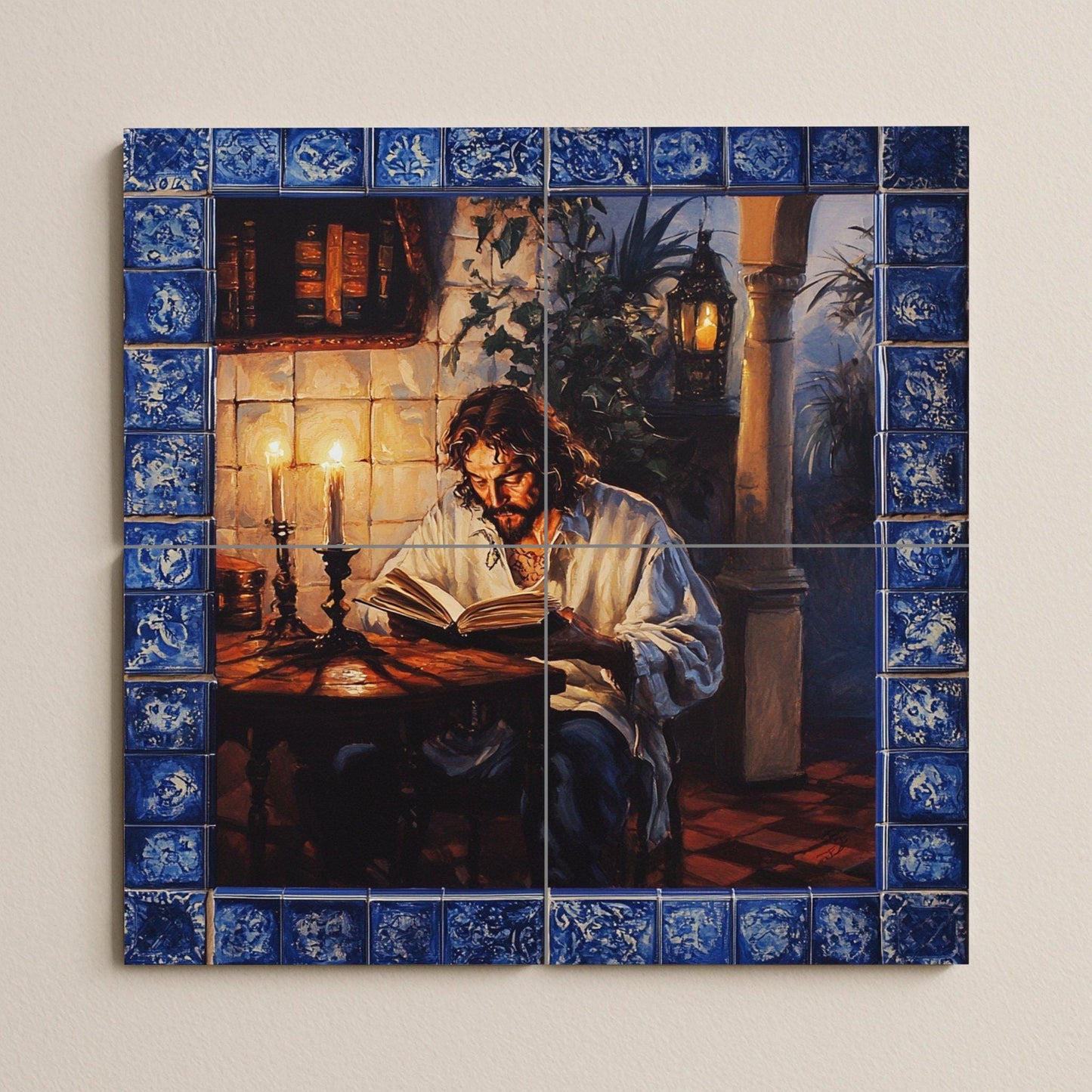 Classic ceramic wall mural featuring a man reading by candlelight, vintage art with a blue tile border, handmade historical literary home decor