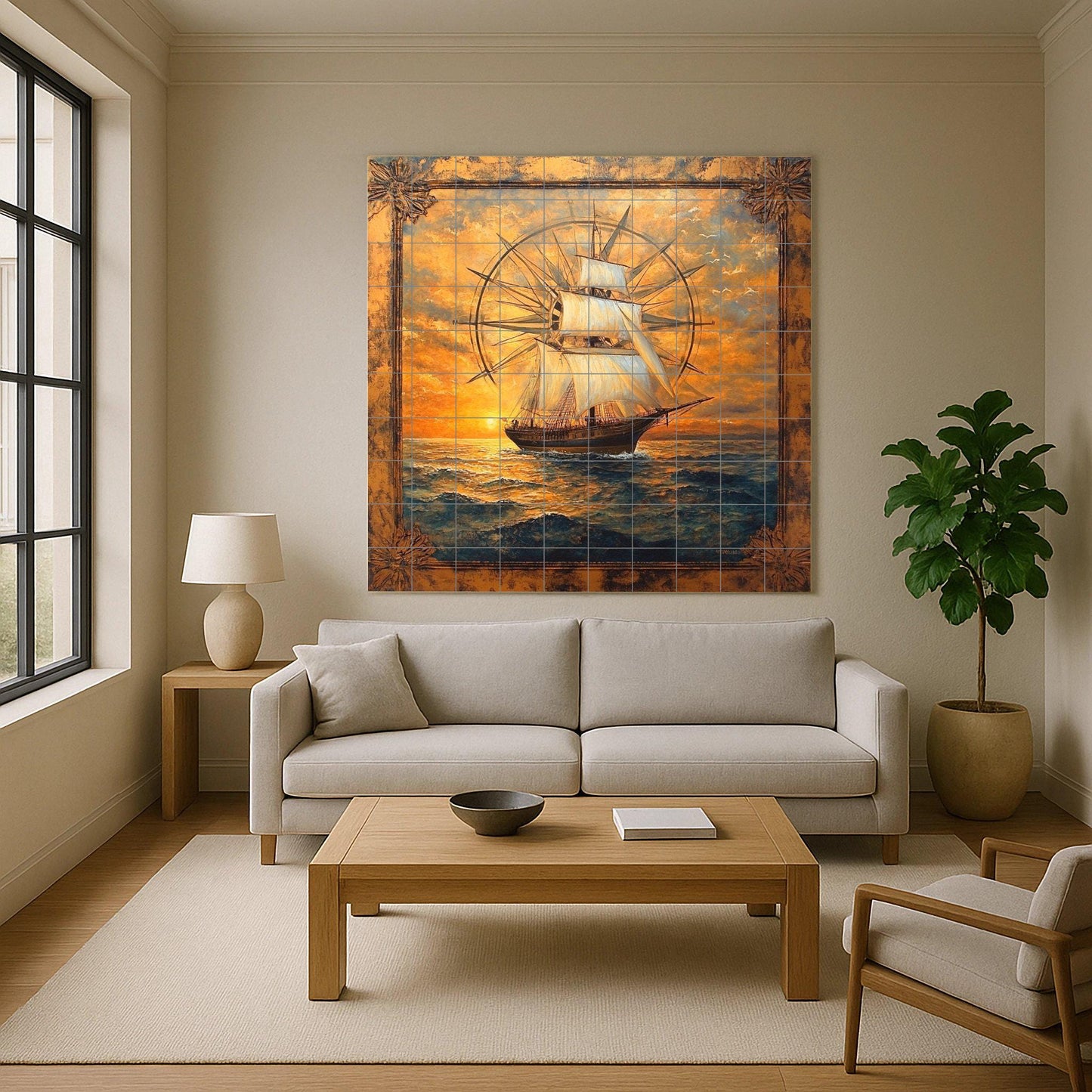 Ceramic wall mural featuring a tall sailboat and compass rose design with ocean waves at golden sunset, nautical sailboat tile art, handmade maritime heritage