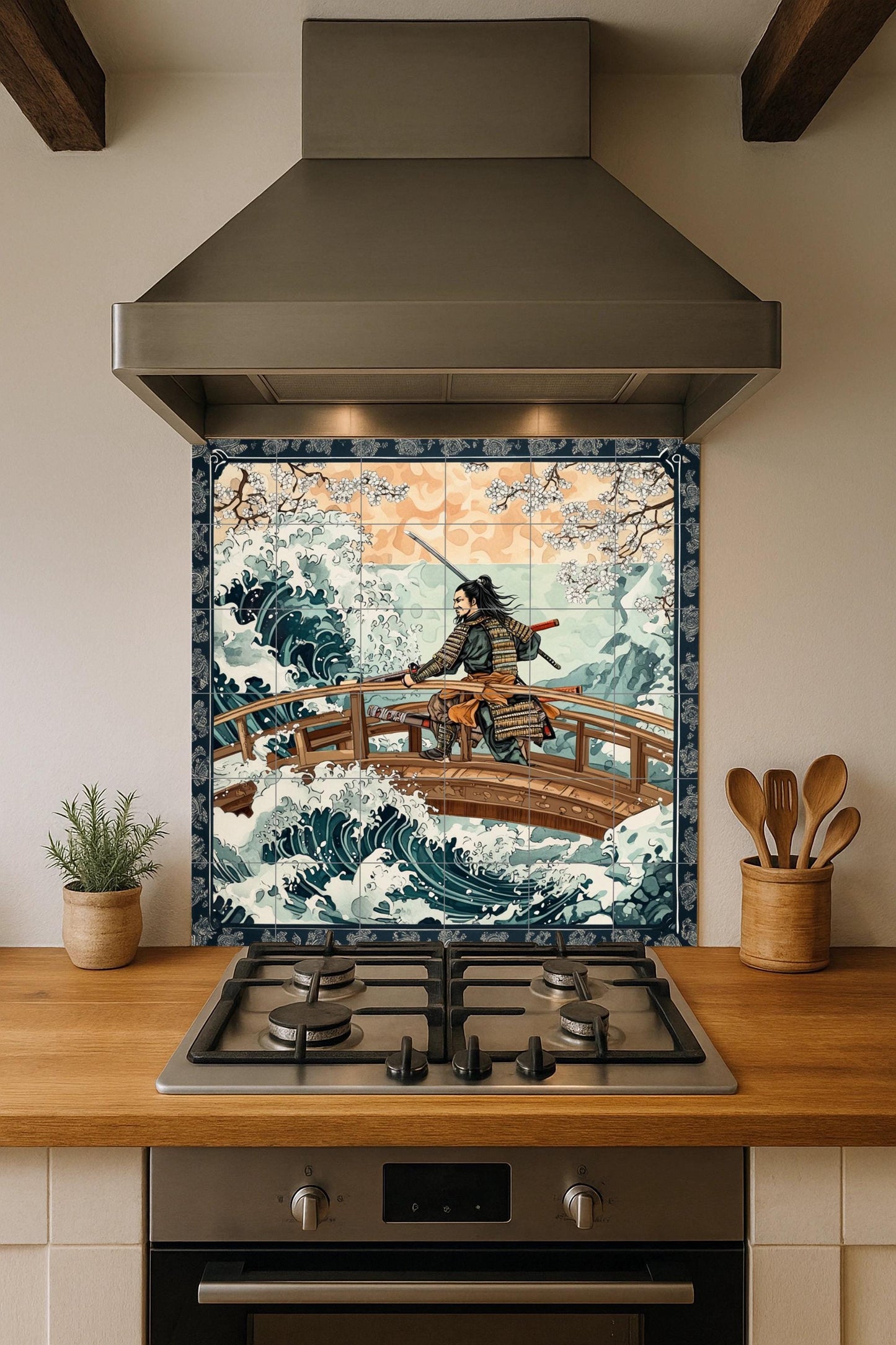 Ceramic wall mural of a samurai warrior with Japanese waves and cherry blossoms, traditional Japanese tile art, handmade cultural oriental decoration