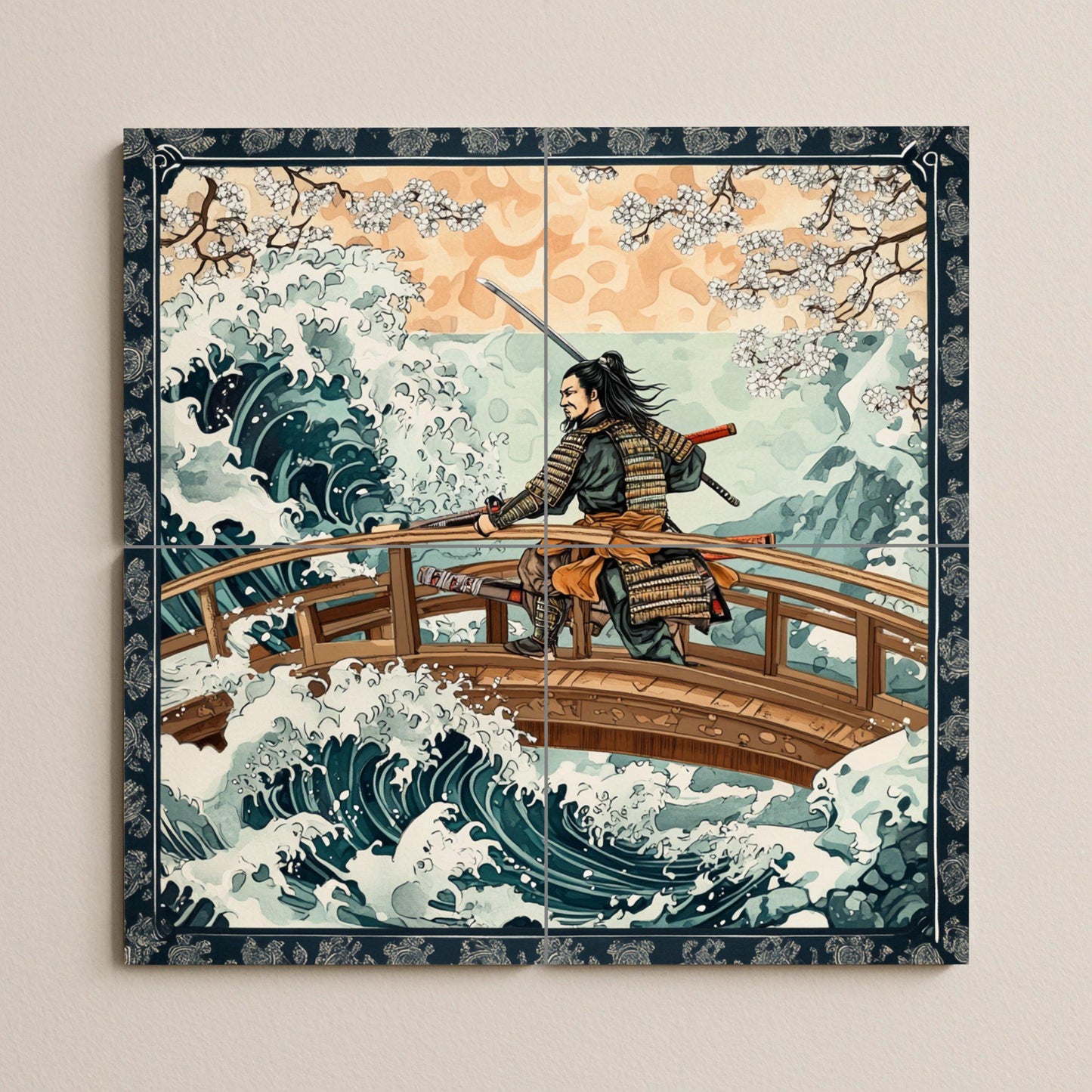Ceramic wall mural of a samurai warrior with Japanese waves and cherry blossoms, traditional Japanese tile art, handmade cultural oriental decoration