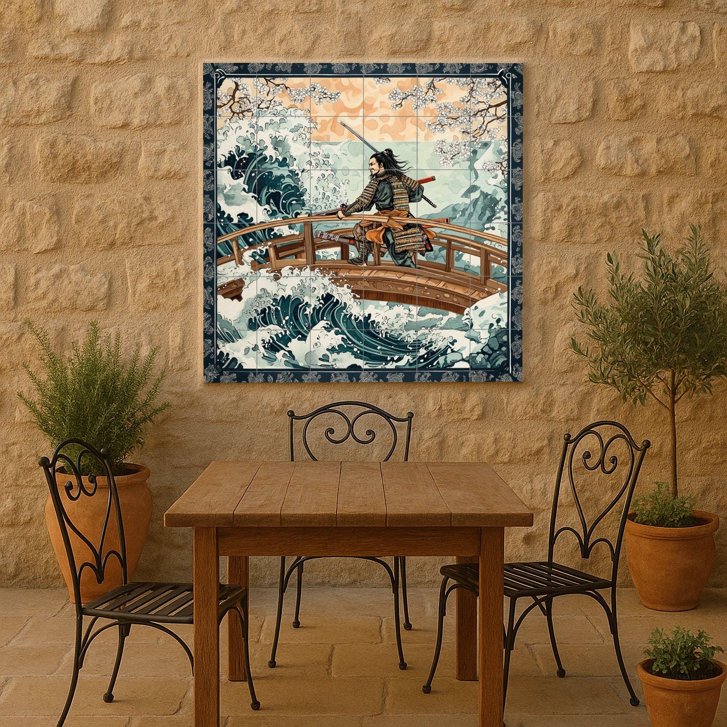 Ceramic wall mural of a samurai warrior with Japanese waves and cherry blossoms, traditional Japanese tile art, handmade cultural oriental decoration