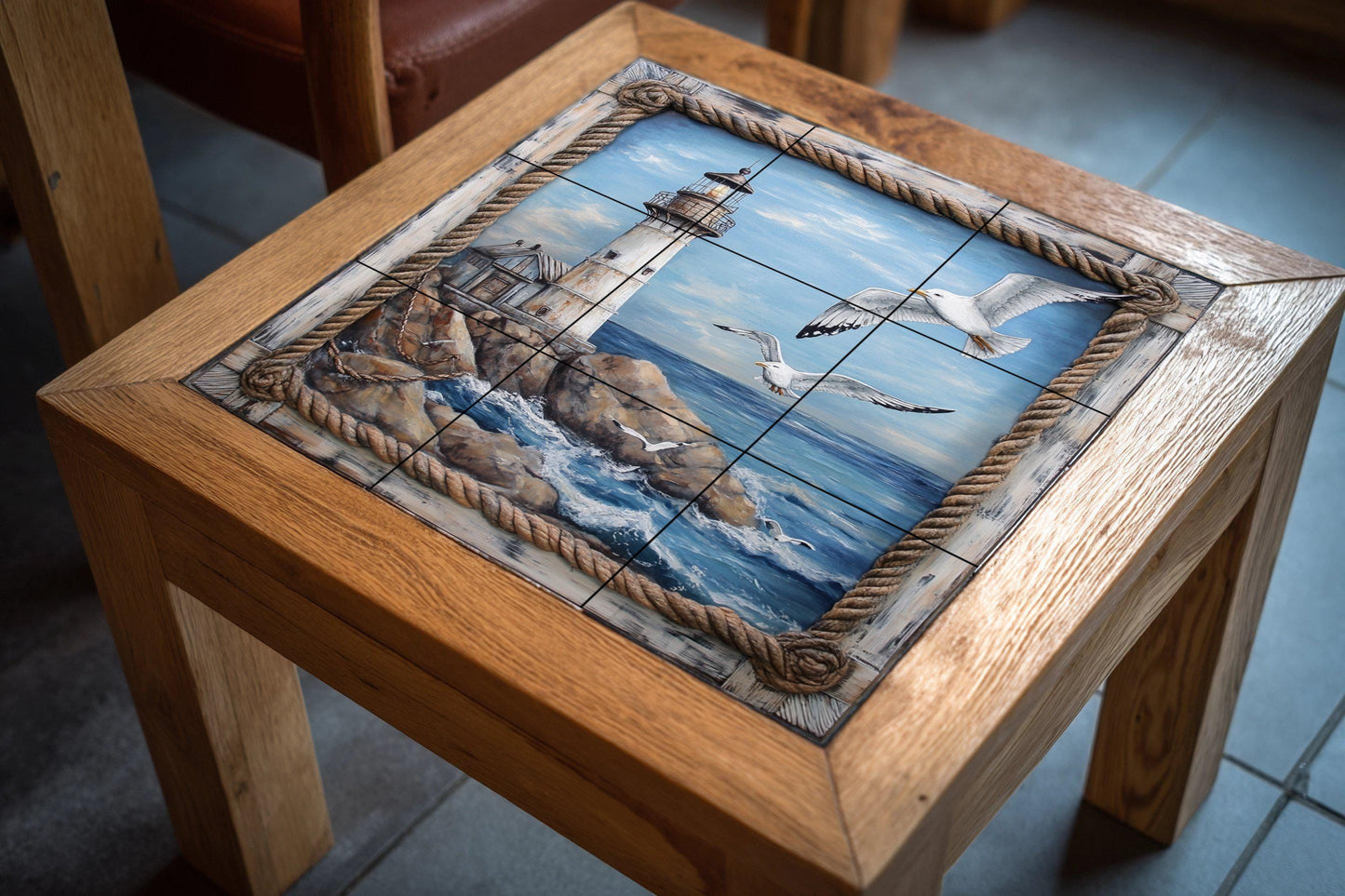 Coastal lighthouse ceramic wall mural with seagulls over ocean waves, nautical art on coastal tiles, handmade maritime coastal decor