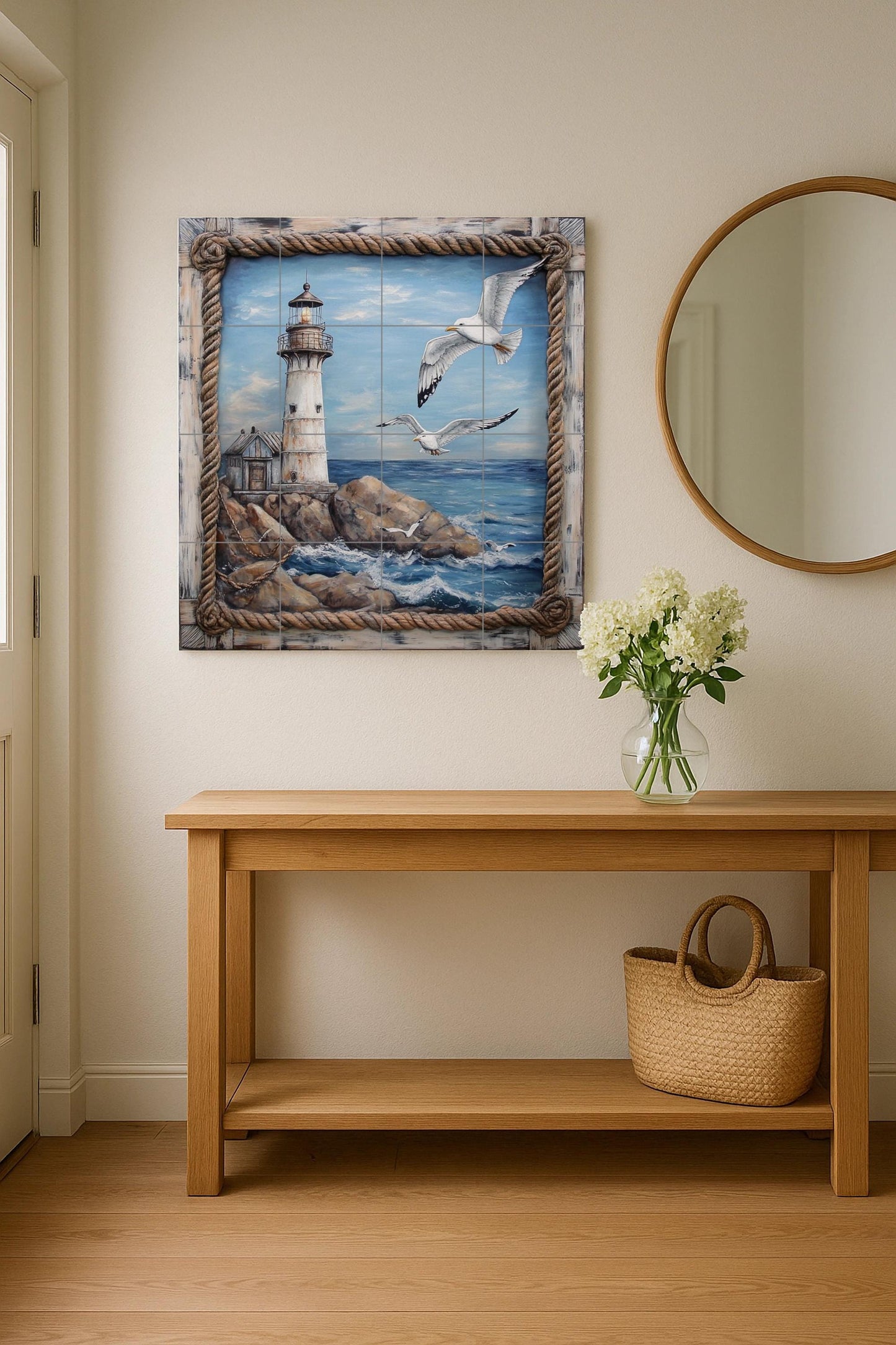 Coastal lighthouse ceramic wall mural with seagulls over ocean waves, nautical art on coastal tiles, handmade maritime coastal decor