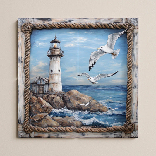 Coastal lighthouse ceramic wall mural with seagulls over ocean waves, nautical art on coastal tiles, handmade maritime coastal decor