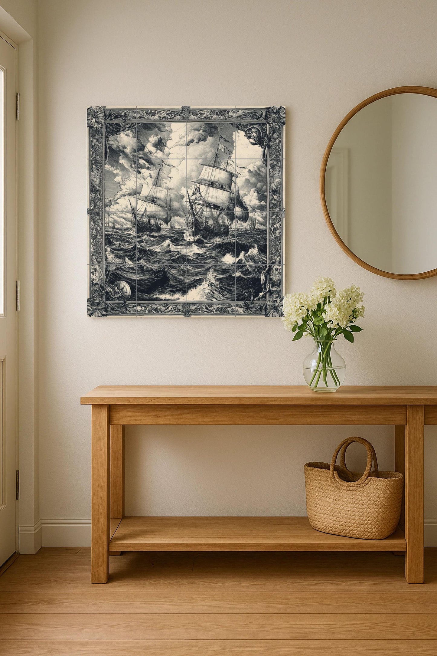 Nautical sailboat ceramic wall mural with stormy waves, vintage sailboat tile art, handmade maritime ocean decor