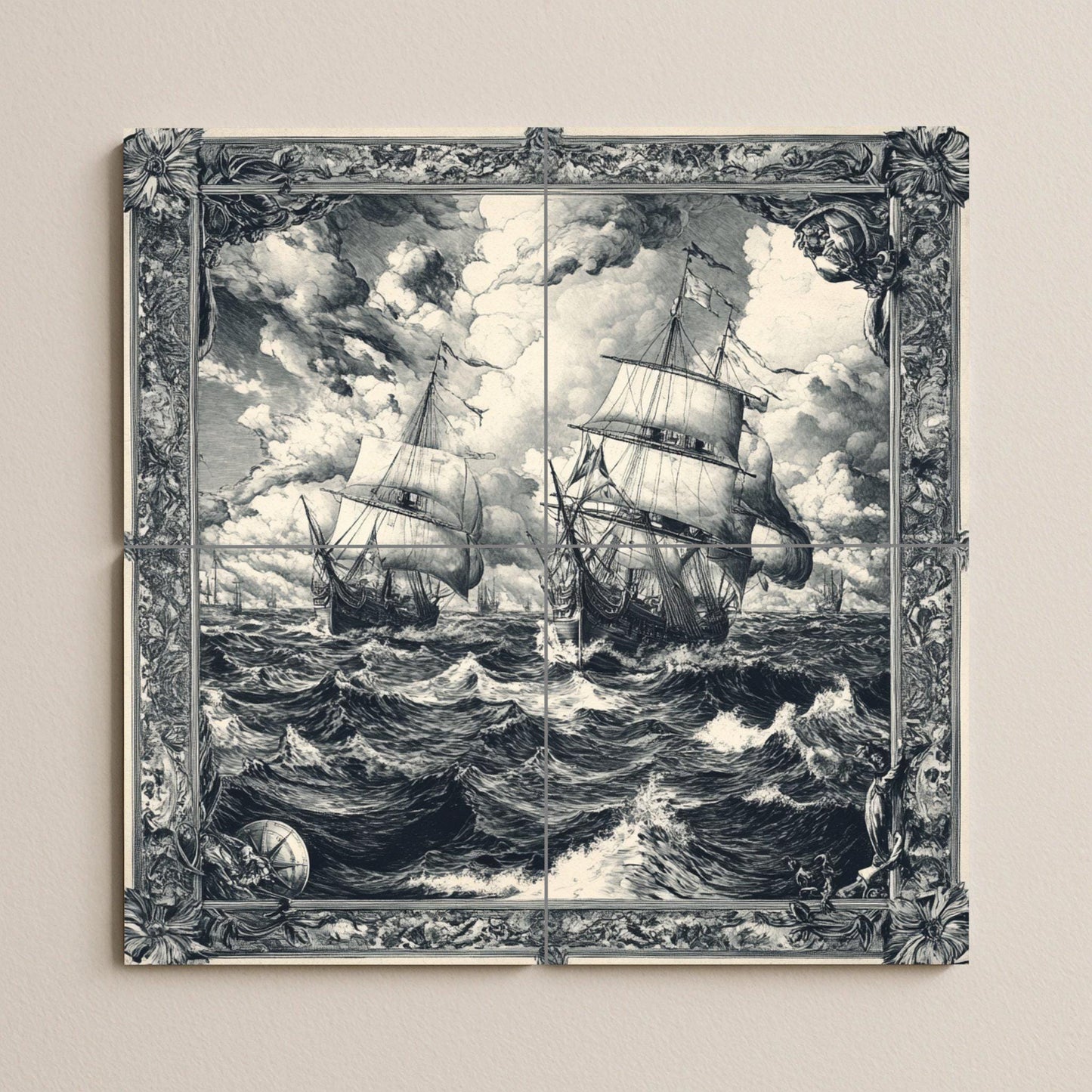 Nautical sailboat ceramic wall mural with stormy waves, vintage sailboat tile art, handmade maritime ocean decor