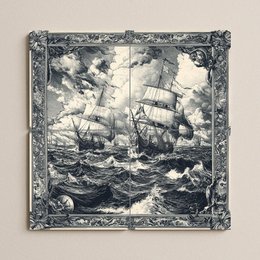 Nautical sailboat ceramic wall mural with stormy waves, vintage sailboat tile art, handmade maritime ocean decor