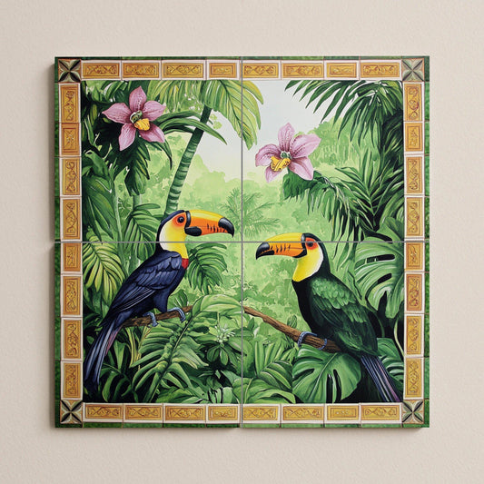 Ceramic wall mural featuring a tropical jungle design of a toucan with rainforest orchids, exotic bird tile art, handmade tropical jungle botanical decor