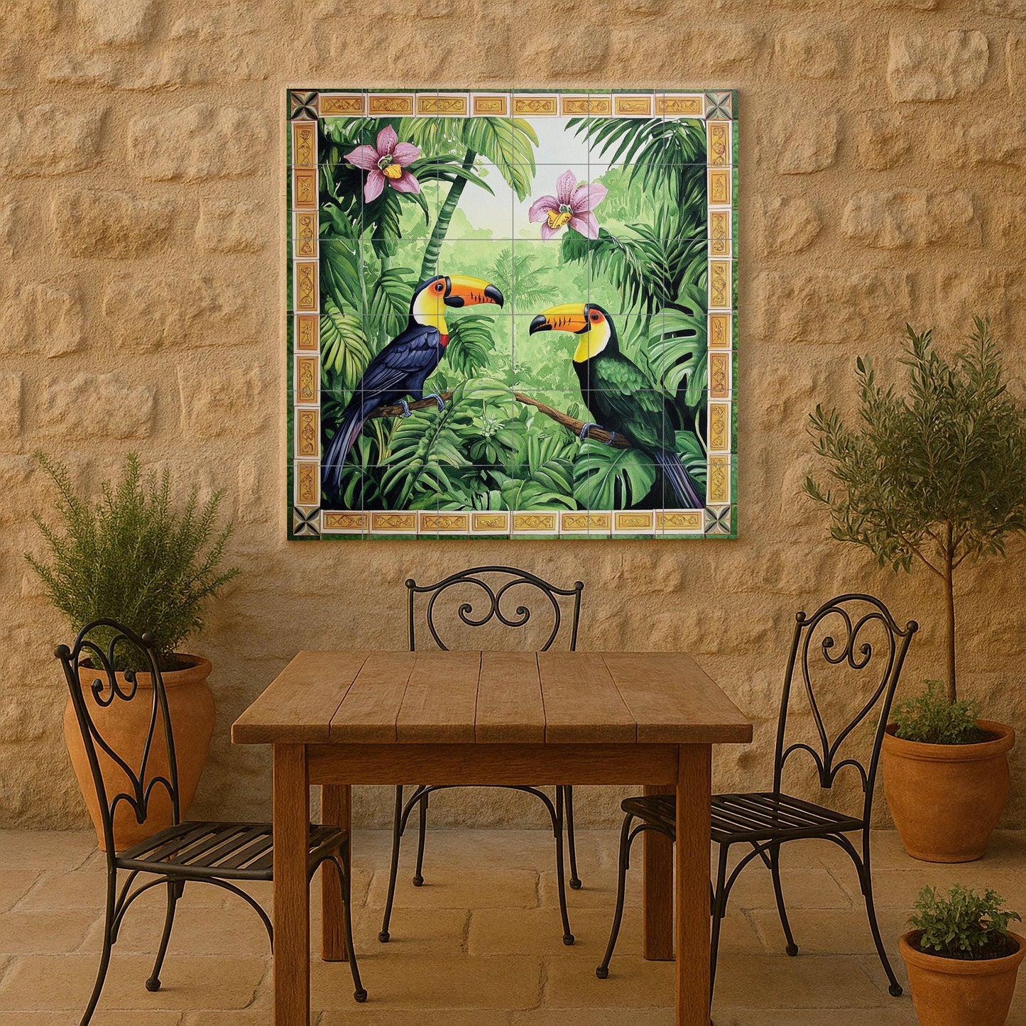 Ceramic wall mural featuring a tropical jungle design of a toucan with rainforest orchids, exotic bird tile art, handmade tropical jungle botanical decor