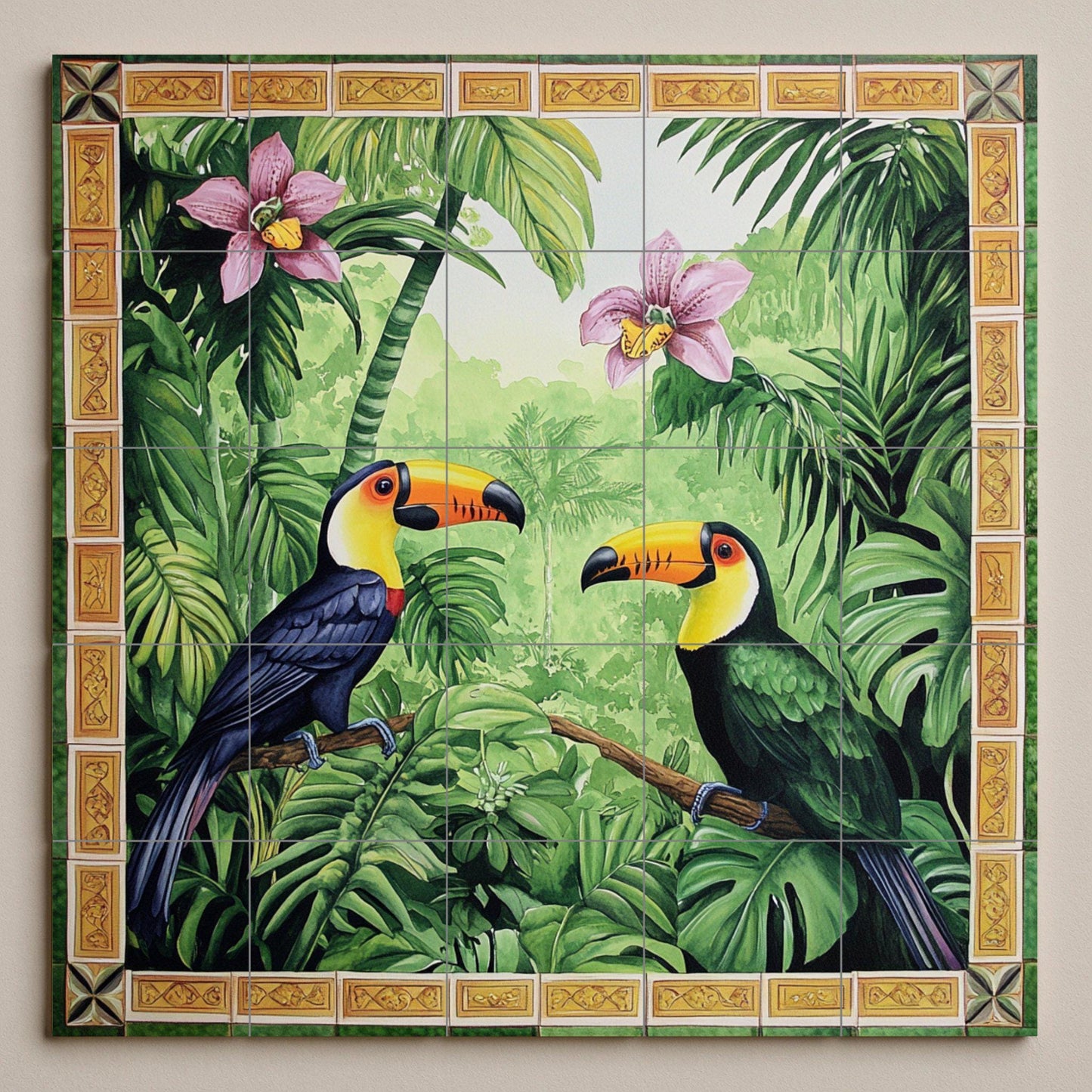 Ceramic wall mural featuring a tropical jungle design of a toucan with rainforest orchids, exotic bird tile art, handmade tropical jungle botanical decor