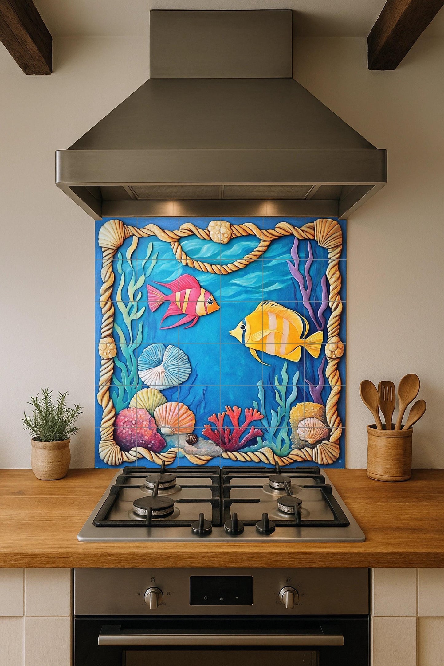 Underwater tile mural with colorful fish, shells, and a coral frame. Handmade coastal art for kitchen and patio.