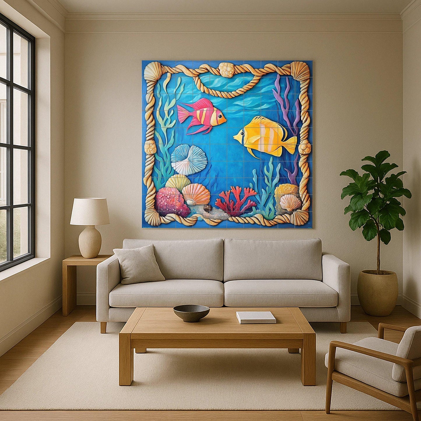 Underwater tile mural with colorful fish, shells, and a coral frame. Handmade coastal art for kitchen and patio.