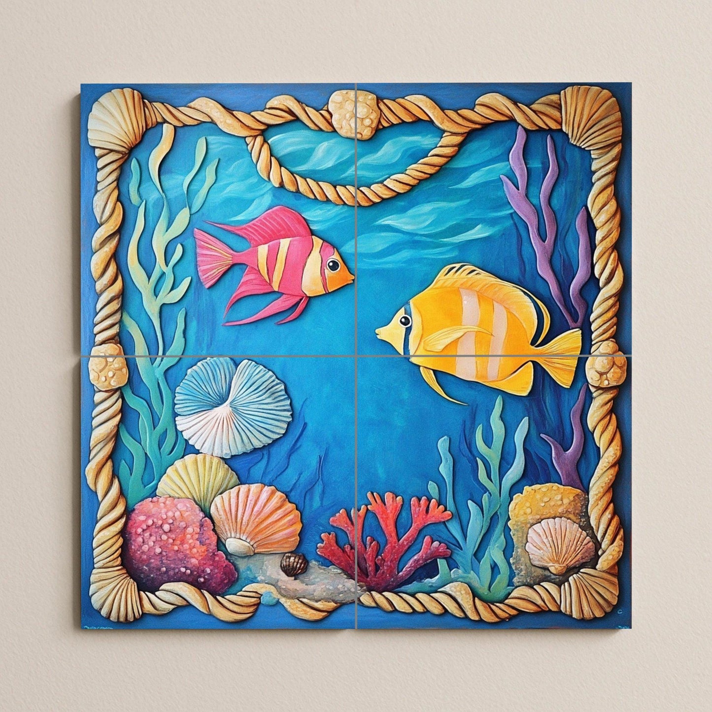Underwater tile mural with colorful fish, shells, and a coral frame. Handmade coastal art for kitchen and patio.