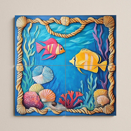 Underwater tile mural with colorful fish, shells, and a coral frame. Handmade coastal art for kitchen and patio.