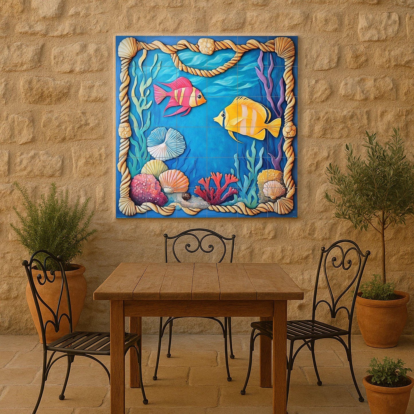 Underwater tile mural with colorful fish, shells, and a coral frame. Handmade coastal art for kitchen and patio.