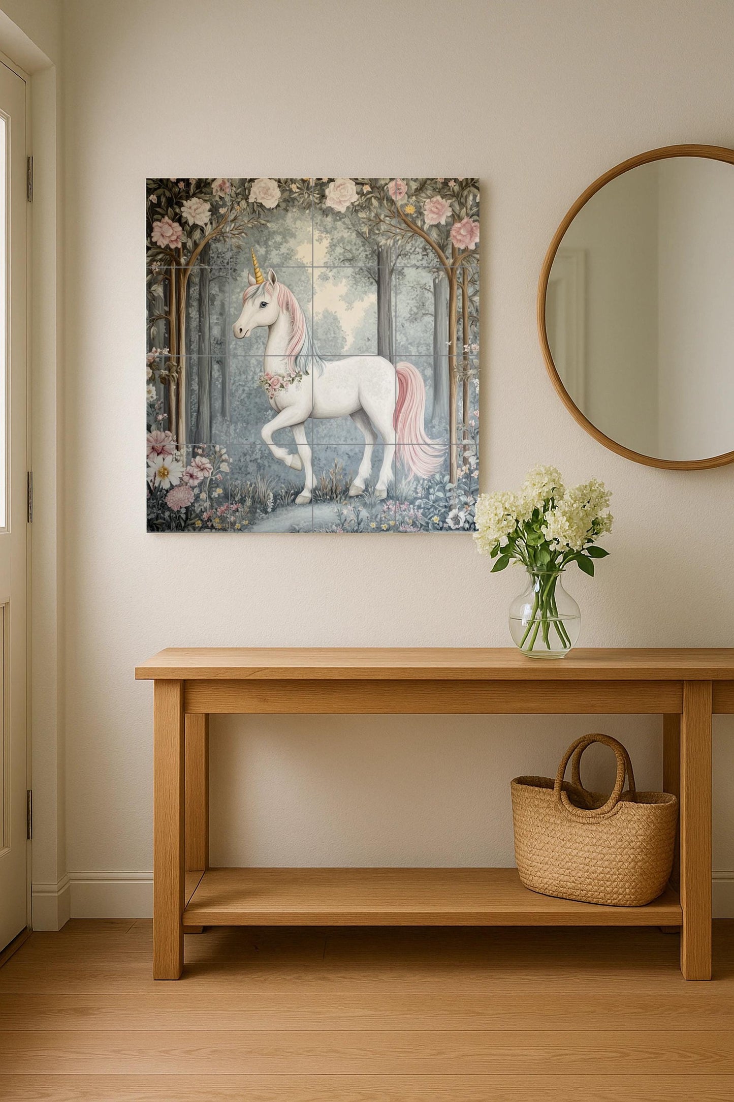 Enchanted Unicorn Tile Mural: Fantasy wall art, fairy tale ceramic decor, a rustic and whimsical touch for interiors.