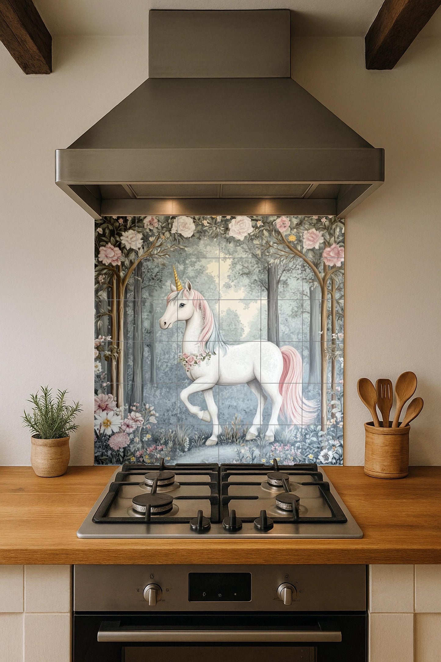 Enchanted Unicorn Tile Mural: Fantasy wall art, fairy tale ceramic decor, a rustic and whimsical touch for interiors.