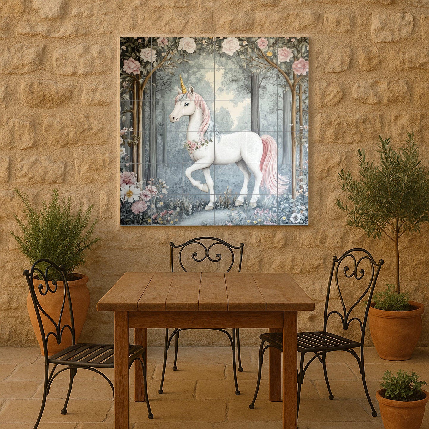 Enchanted Unicorn Tile Mural: Fantasy wall art, fairy tale ceramic decor, a rustic and whimsical touch for interiors.