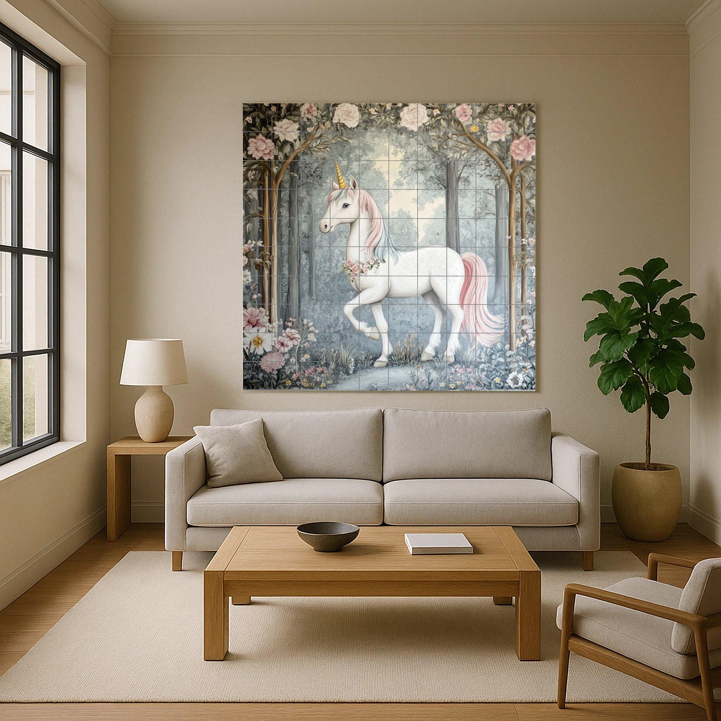 Enchanted Unicorn Tile Mural: Fantasy wall art, fairy tale ceramic decor, a rustic and whimsical touch for interiors.