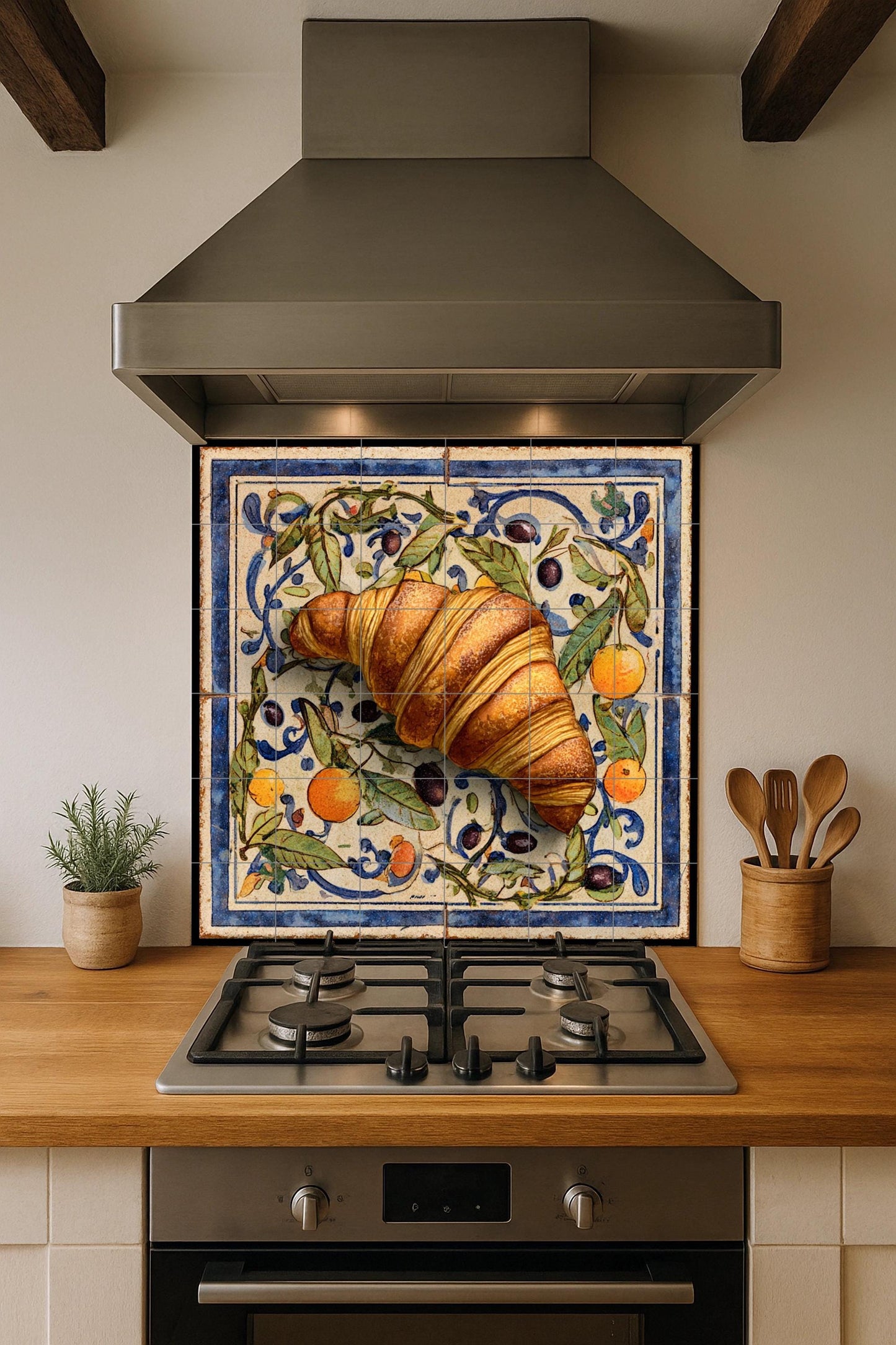 Mediterranean ceramic tile mural with croissant design: rustic handcrafted art for kitchen wall, ceramic decor with a touch of European cafe culture