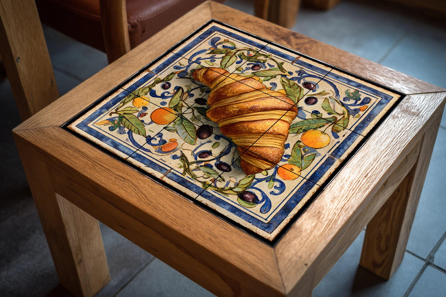 Mediterranean ceramic tile mural with croissant design: rustic handcrafted art for kitchen wall, ceramic decor with a touch of European cafe culture