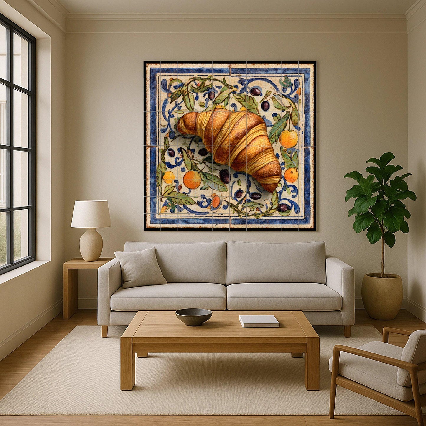 Mediterranean ceramic tile mural with croissant design: rustic handcrafted art for kitchen wall, ceramic decor with a touch of European cafe culture