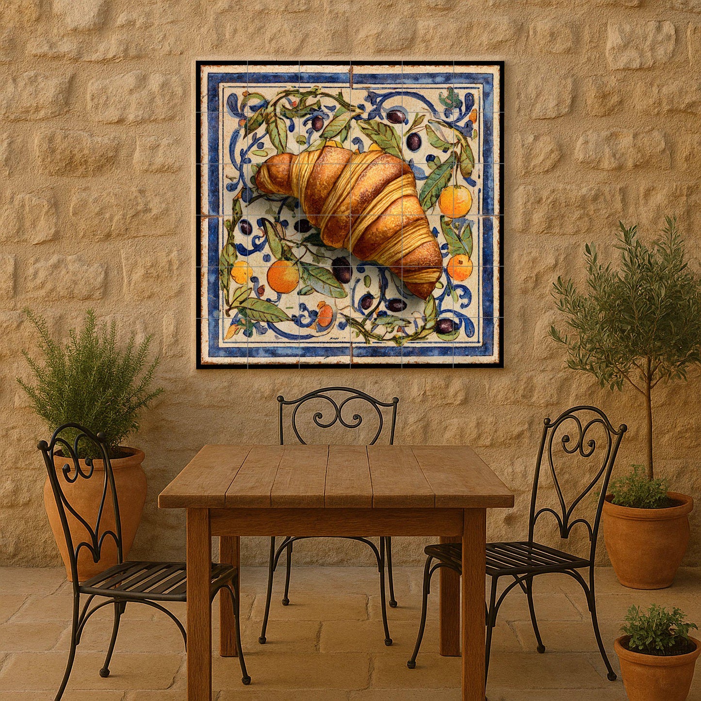 Mediterranean ceramic tile mural with croissant design: rustic handcrafted art for kitchen wall, ceramic decor with a touch of European cafe culture