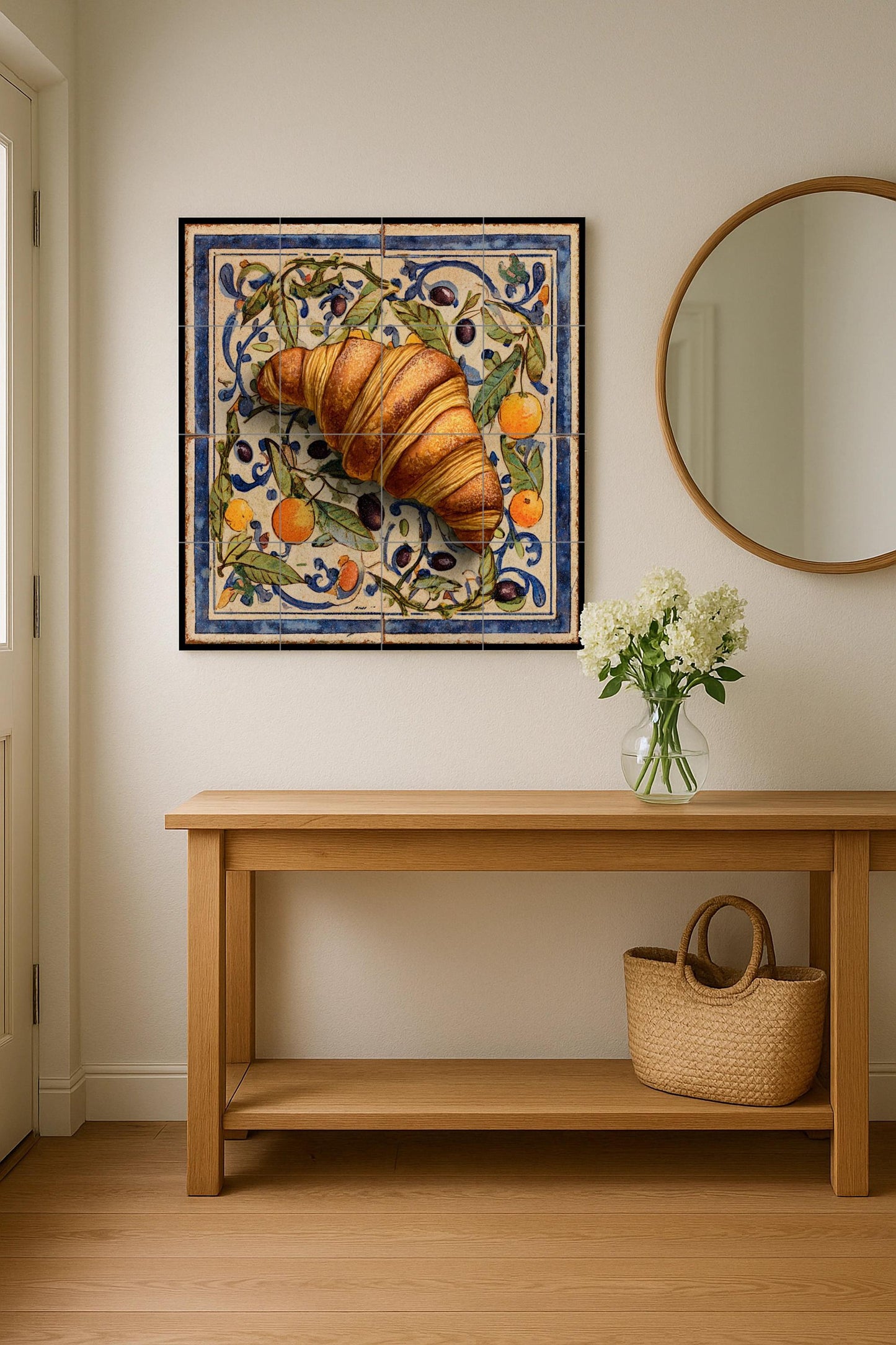 Mediterranean ceramic tile mural with croissant design: rustic handcrafted art for kitchen wall, ceramic decor with a touch of European cafe culture
