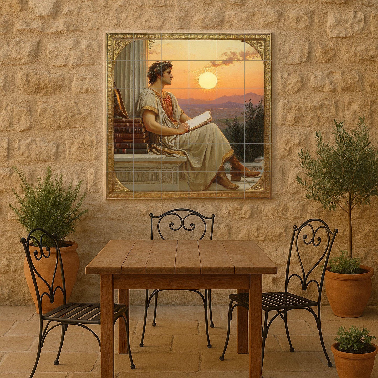 Ceramic mural of a classical poet: Neoclassical art with a scholar at sunset, ancient-inspired wall panel, literary decorative scene.