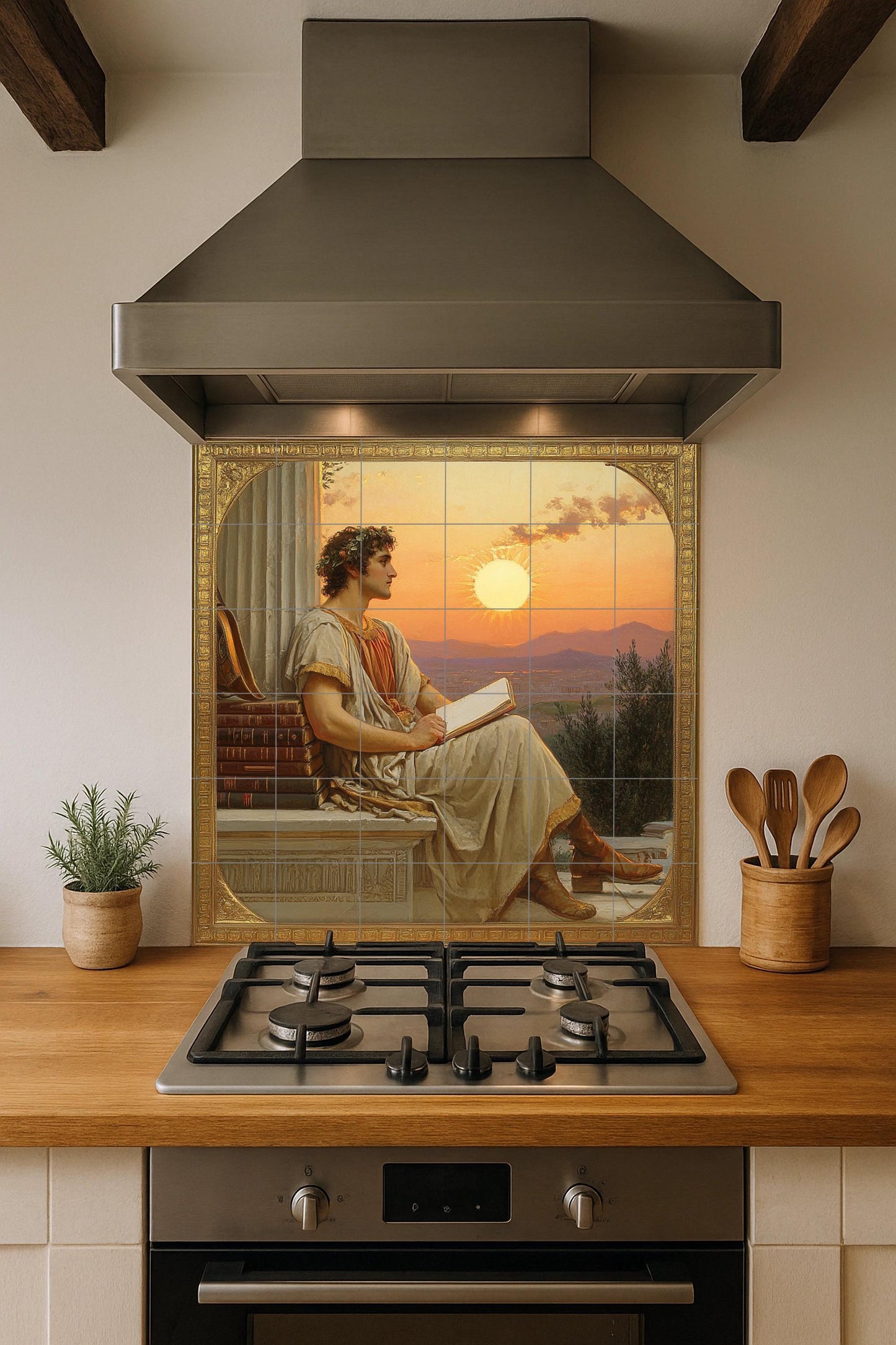 Ceramic mural of a classical poet: Neoclassical art with a scholar at sunset, ancient-inspired wall panel, literary decorative scene.