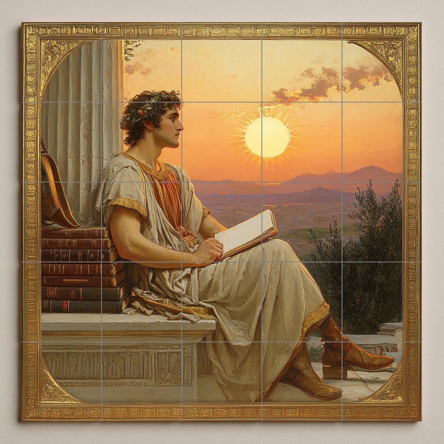 Ceramic mural of a classical poet: Neoclassical art with a scholar at sunset, ancient-inspired wall panel, literary decorative scene.