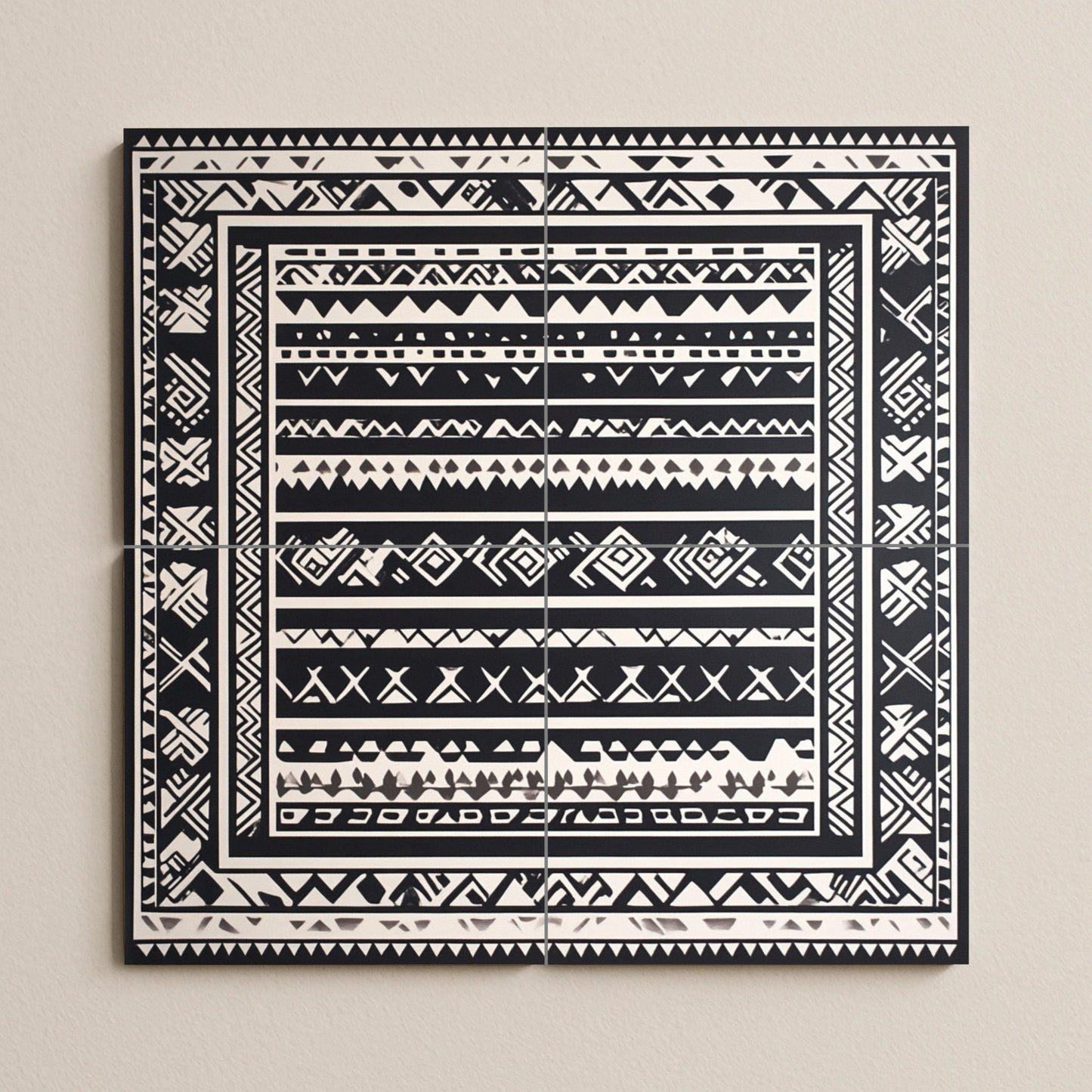 Mapuche ceramic mural: Monochromatic geometric art with indigenous textile motifs, black and white wall panel, ancestral pattern design.