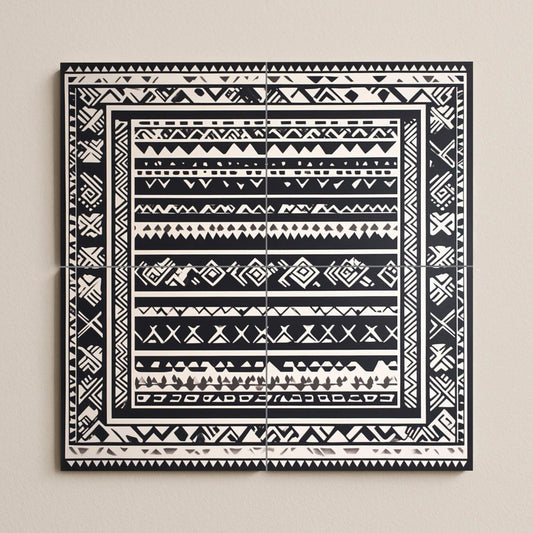 Mapuche ceramic mural: Monochromatic geometric art with indigenous textile motifs, black and white wall panel, ancestral pattern design.