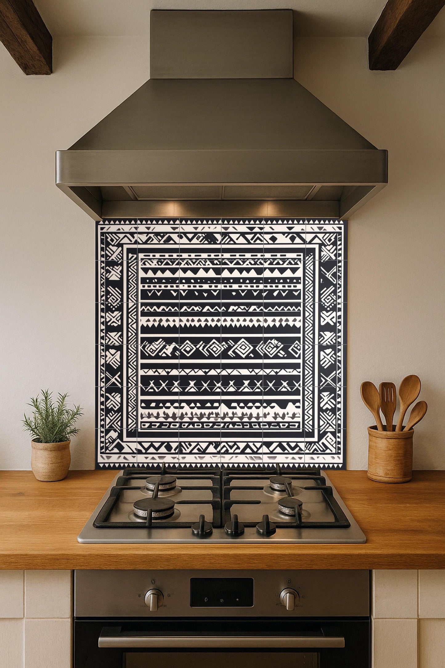Mapuche ceramic mural: Monochromatic geometric art with indigenous textile motifs, black and white wall panel, ancestral pattern design.